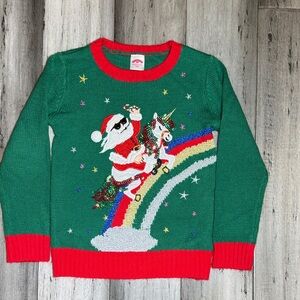 Holiday Time Green Red Santa Riding Unicorn Rainbow Kids Sweater